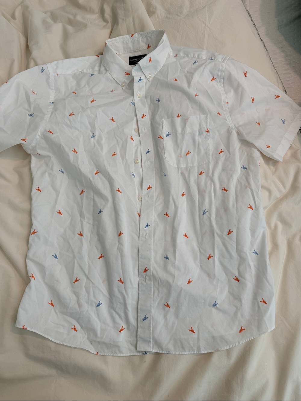 Charles Tyrwhitt Slim Fit No Iron SS Button Down Red Blue Lobster Print XL